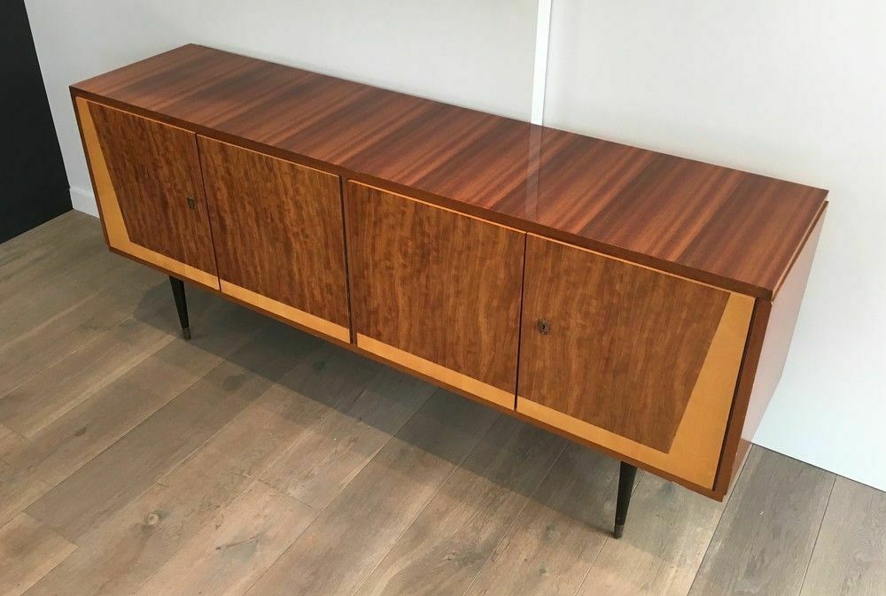 photo furniture Designer Sideboard With 4 Doors In Sapelli Mahogany And Sycamore On A Blackened Wood Base