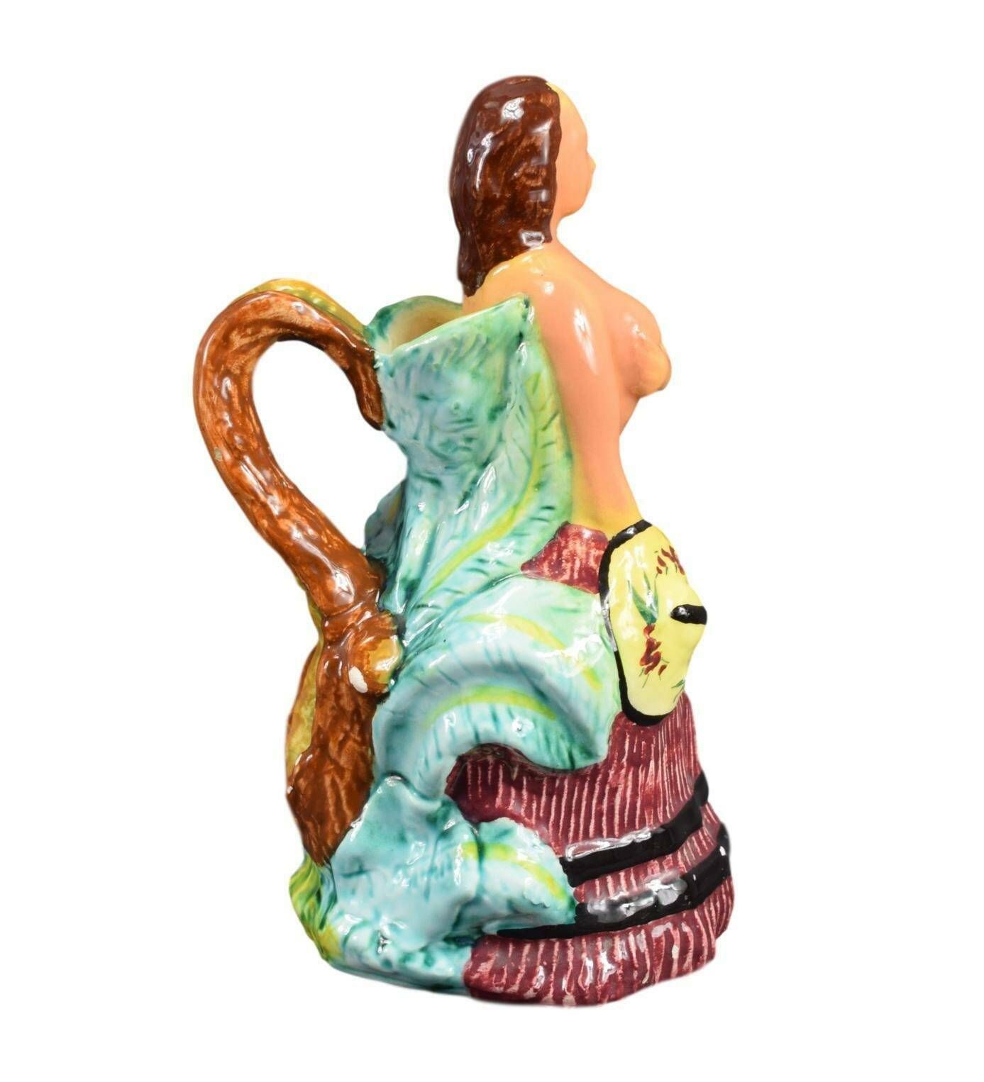 French Vintage Majolica Cerart Monaco Woman Pitcher photo Art