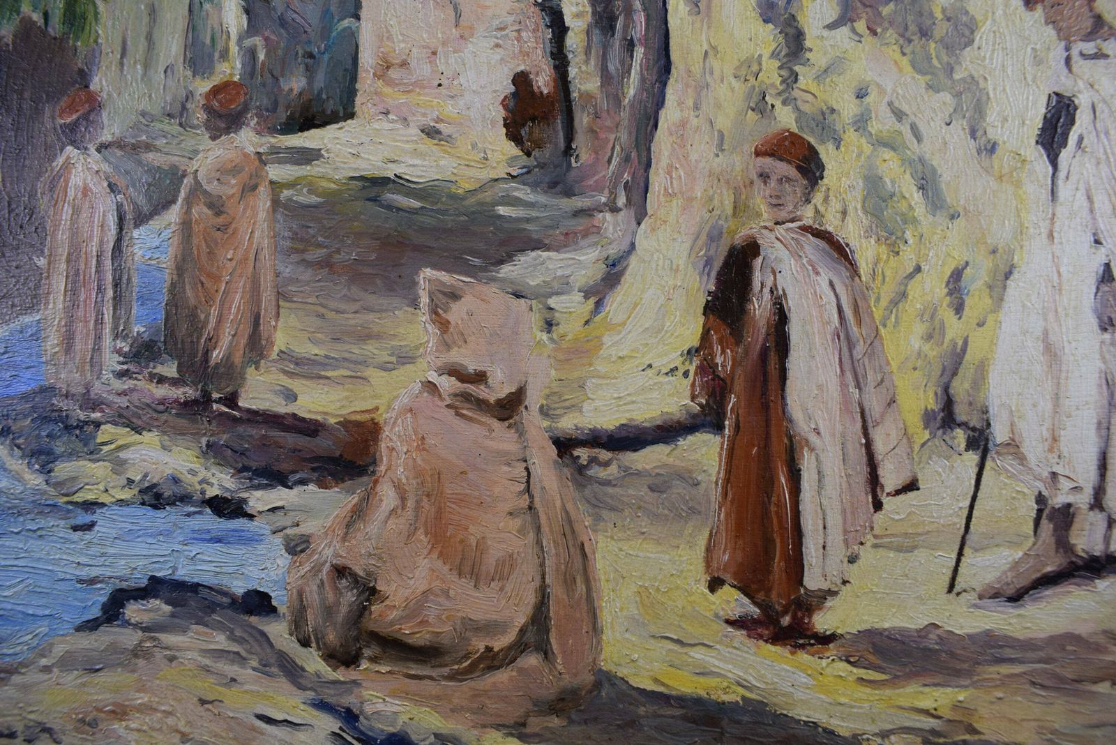 French Orientalist Oil Painting On Panel Signed Roufanche, Maghreb Oasis Painting photo furniture
