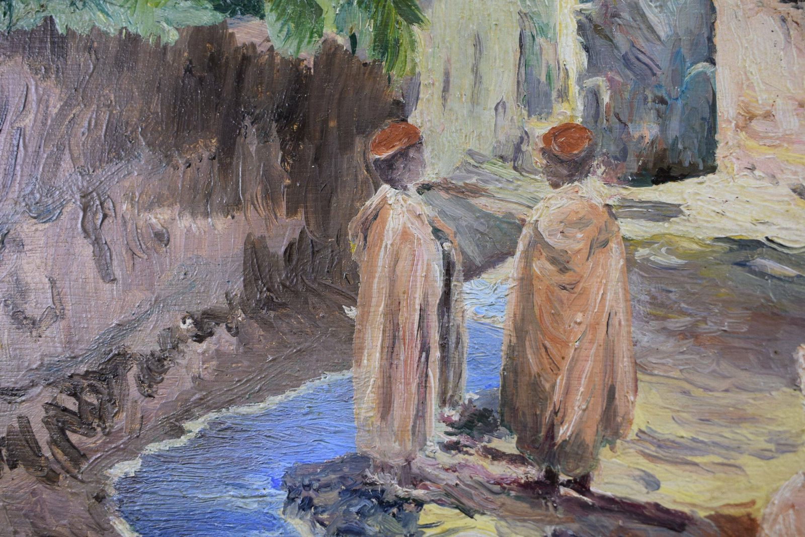 French Orientalist Oil Painting On Panel Signed Roufanche, Maghreb Oasis Painting photo Art