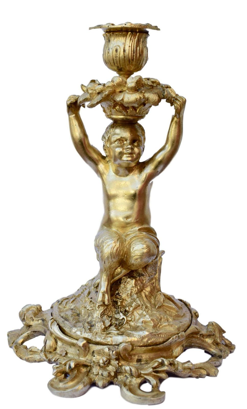 Rococo Antique French Ormolu Bronze Candlestick Candle Holder With A Faun Statue
