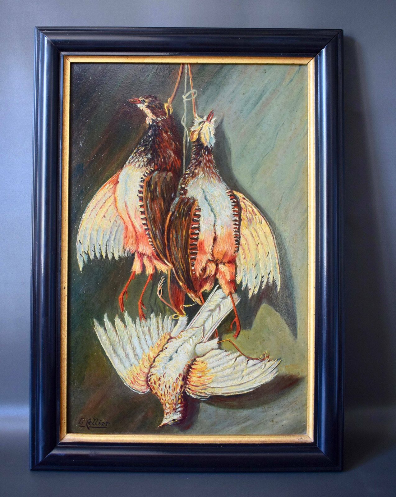 French Antique Hunt Trophy Oil Painting Game Birds