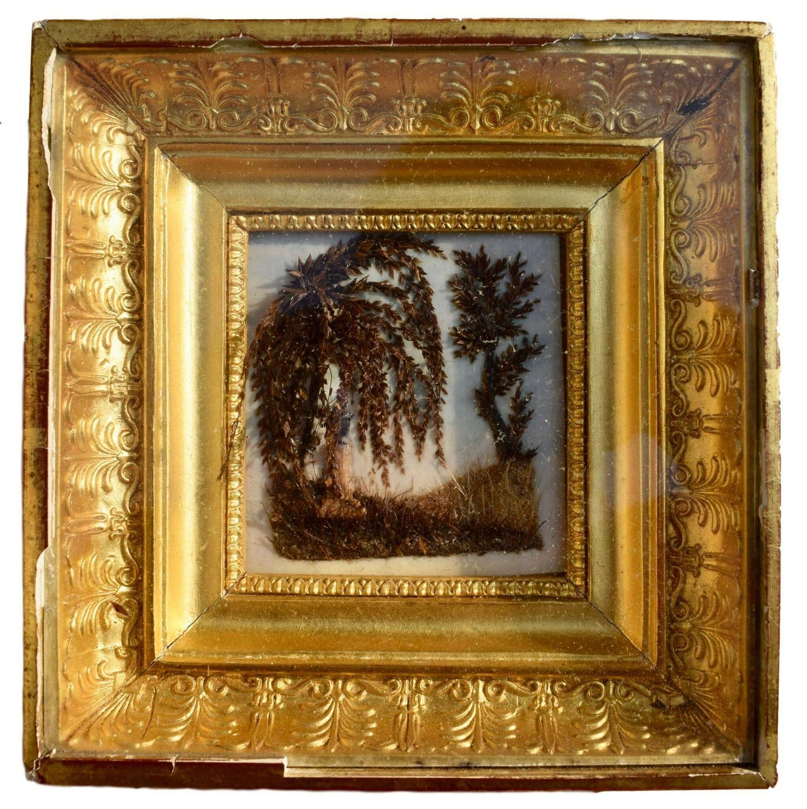 French Antique Rare Empire Sentimental Mourning Hair Art Memento Reliquary Wall Frame Icon