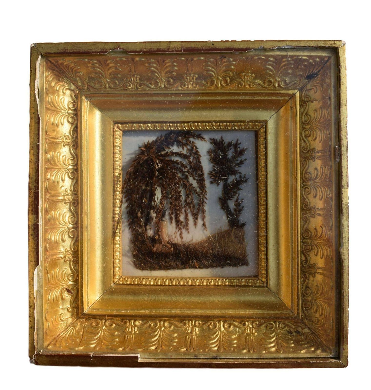 French Antique Rare Empire Sentimental Mourning Hair Art Memento Reliquary Wall Frame Icon photo 702.0