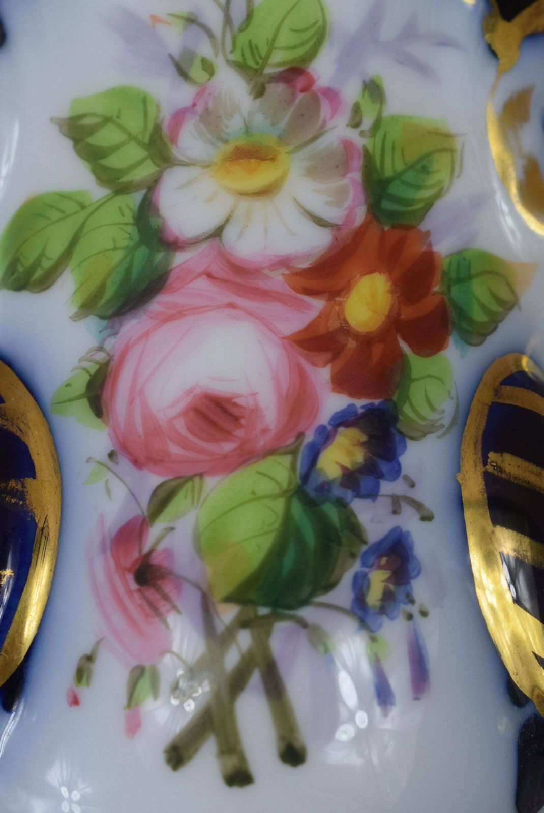 French Antique Valentine Porcelain Vase, Wedding Bride Married Vase, Hand Painted White Cobalt Blue Gold Vase photo for sale