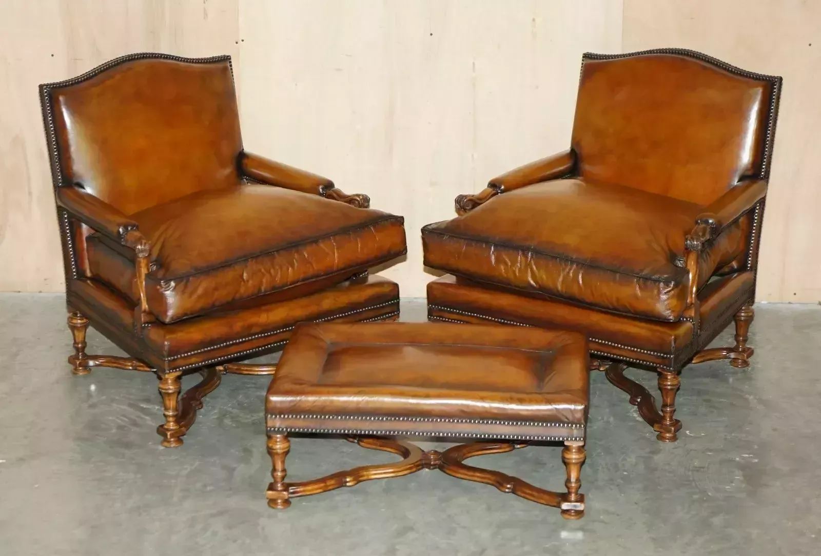 Lovely Pair Of Hand Dyed Cigar Brown Leather Library Armchairs With Ottoman