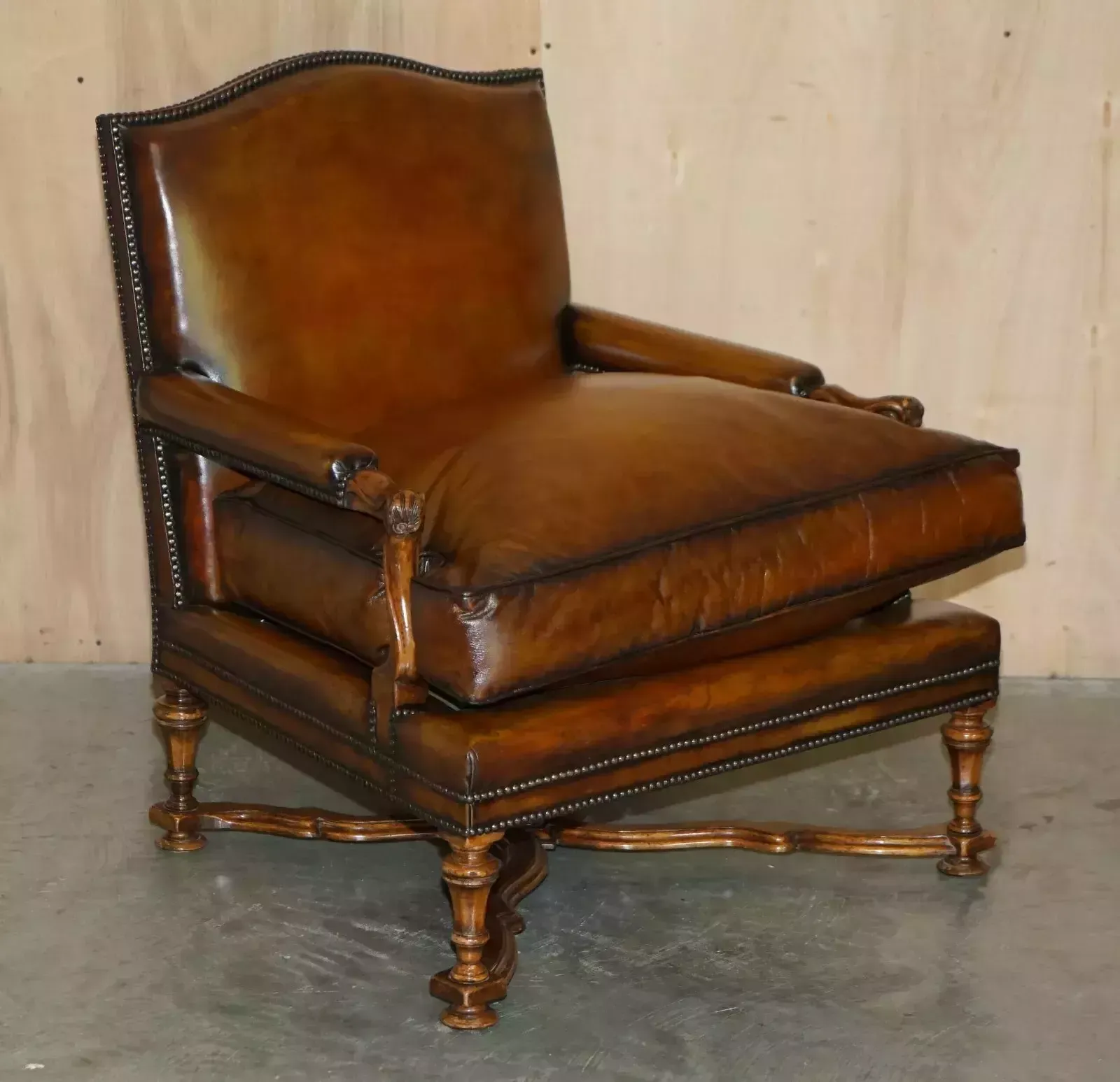 Lovely Pair Of Hand Dyed Cigar Brown Leather Library Armchairs With Ottoman photo for sale