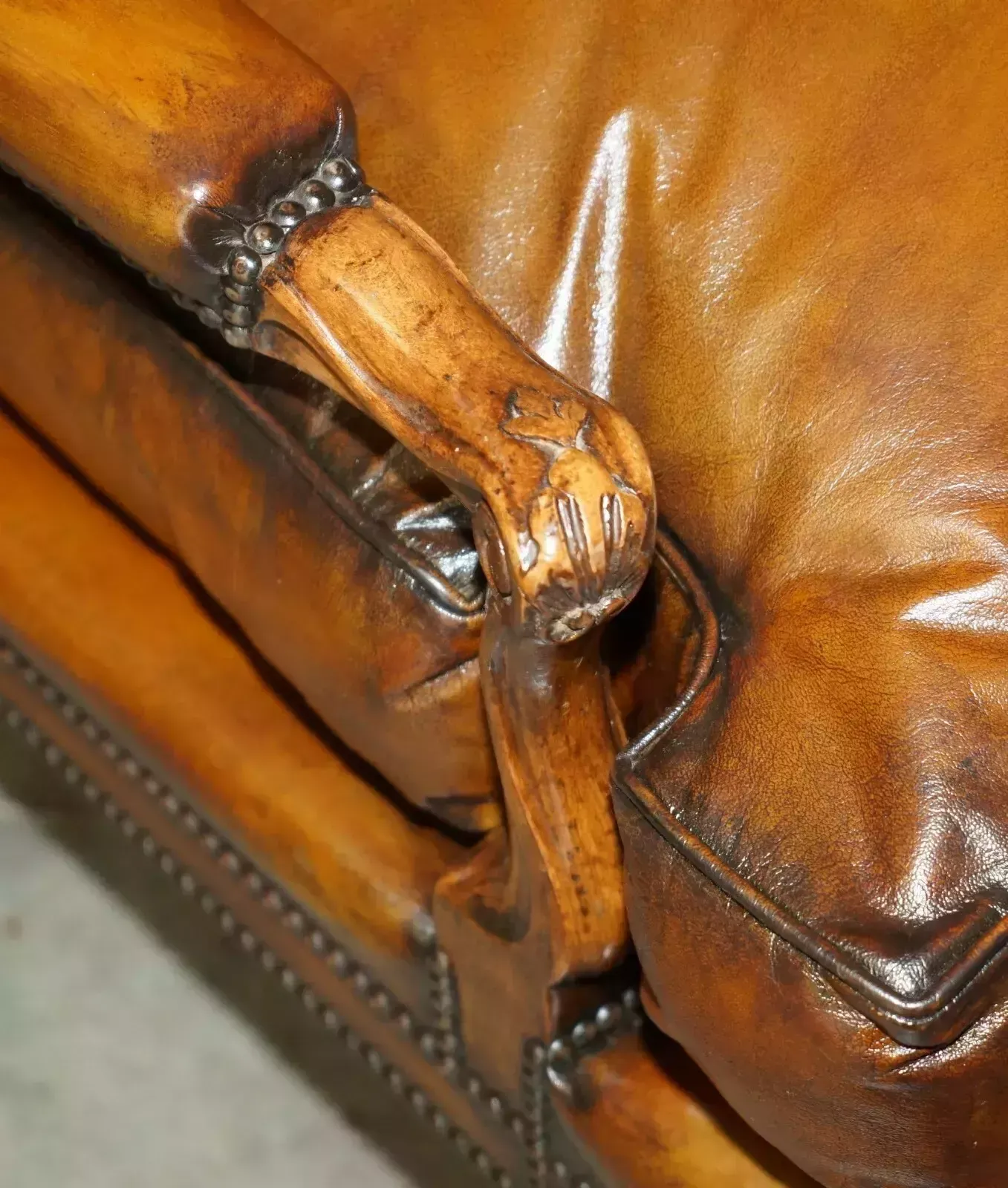 4950.0 Lovely Pair Of Hand Dyed Cigar Brown Leather Library Armchairs With Ottoman photo