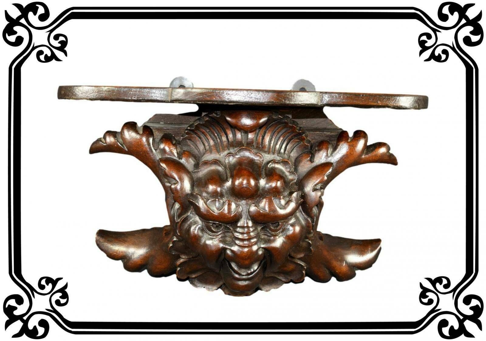 French Antique Gothic Walnut Hand Carved Wood Corbel Shelf Sconce Wall Bracket Mascaron