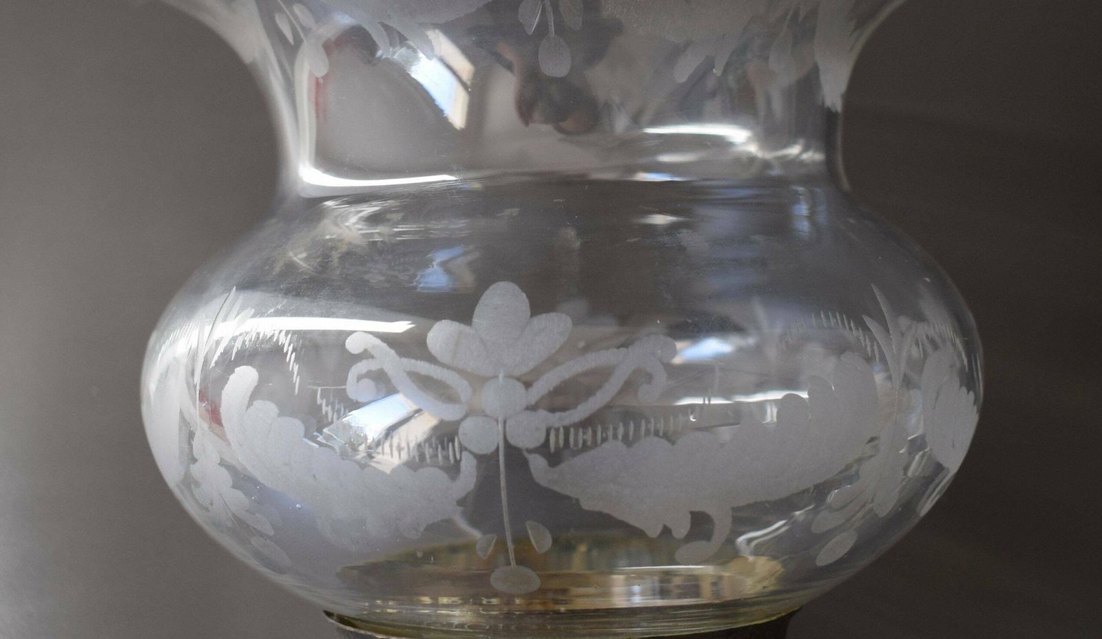 Large Antique French Cut Crystal Wheel Engraving Glass Lamp Shade With Brass Mount photo vintage