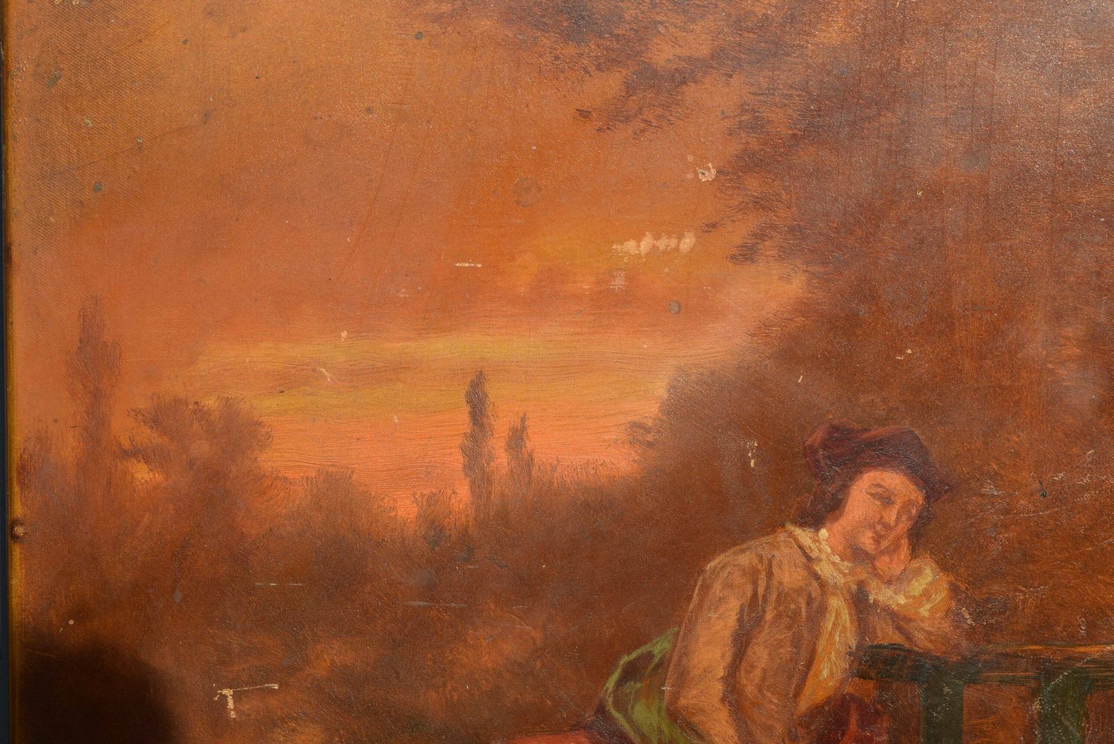 French Antique Oil Painting Of A 18th Century Style Romantic Couple In A Park At Sunset photo Art