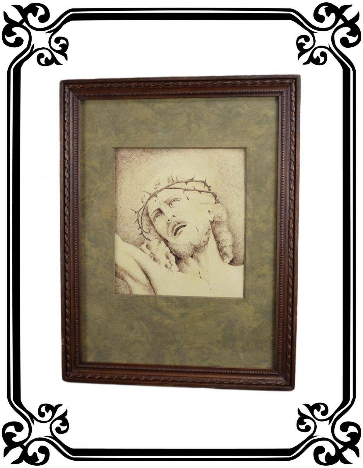 Antique French Religious Ink Drawing On Paper Of Jesus Christ Portrait , Jesus On The Cross