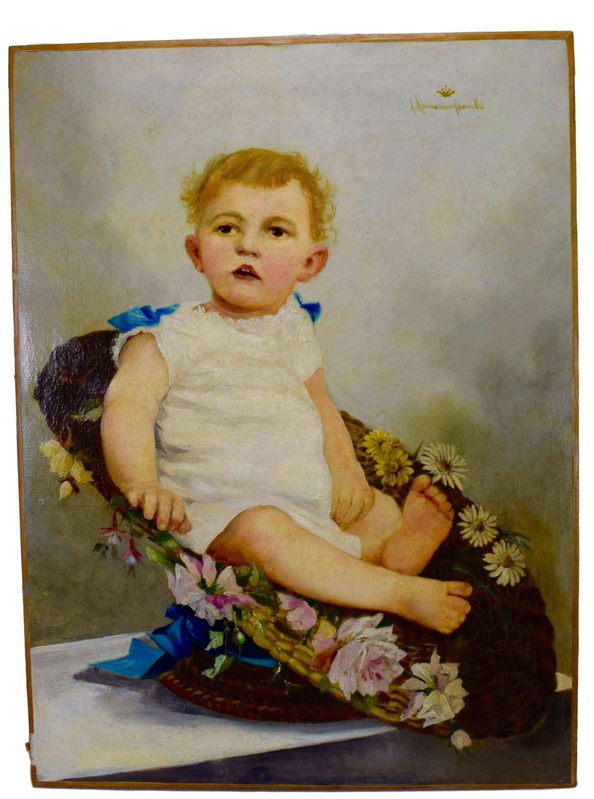 A Armanopoula Antique French Baby Portrait Oil Painting On Canvas Signed 19th