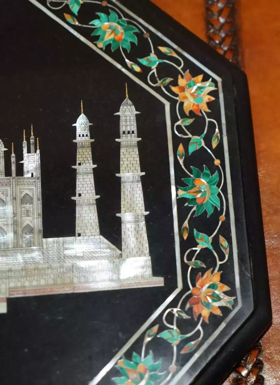 photo for sale Exquisite Pietra Dura Marble & Mother Of Pearl Table Top Depicting The Taj Mahal