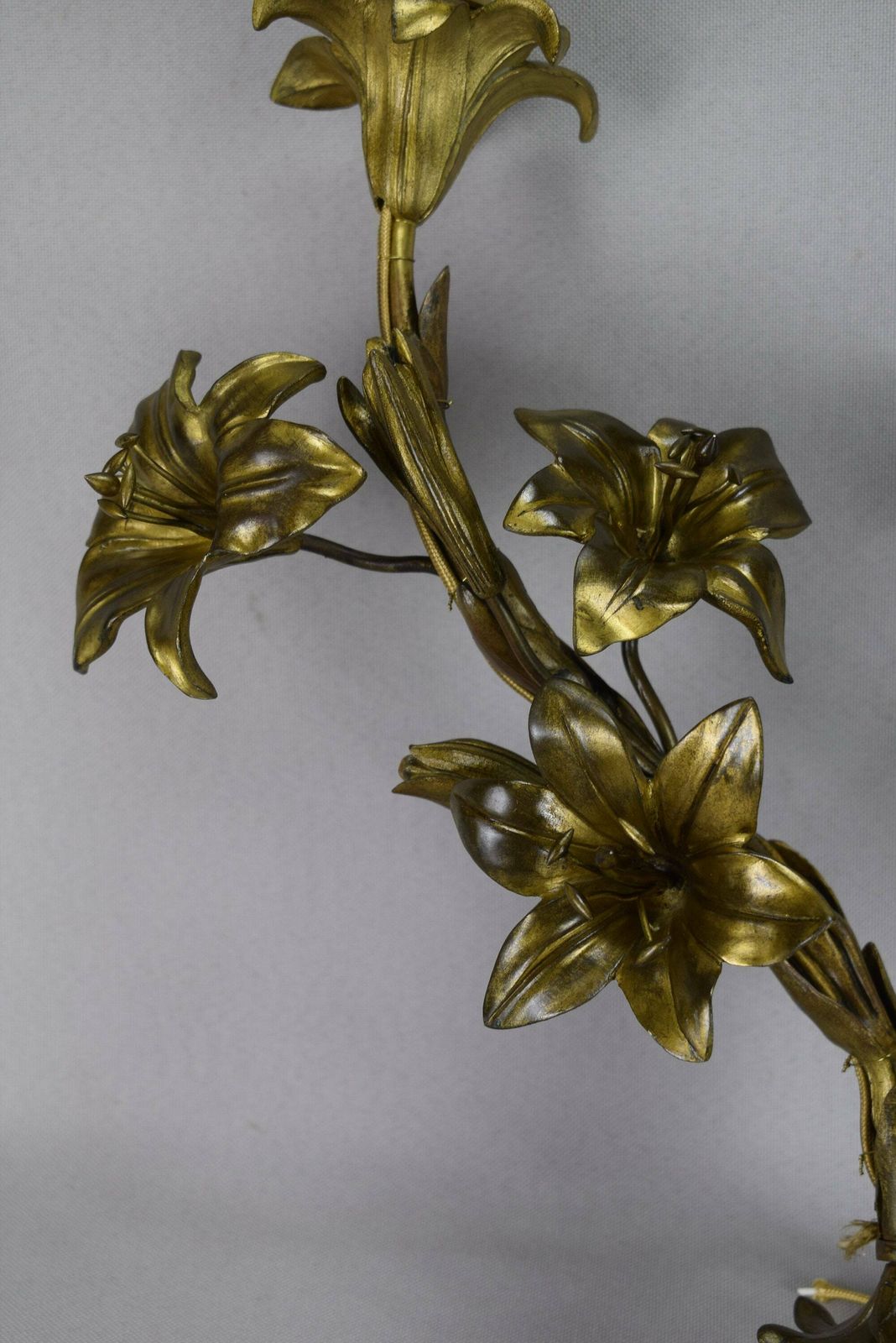 Rare Large Bronze Wall Sconce, French Antique Bronze Flower Sconce, Shabby French Wall Lamp, Two Lights Wall Sconce photo for sale