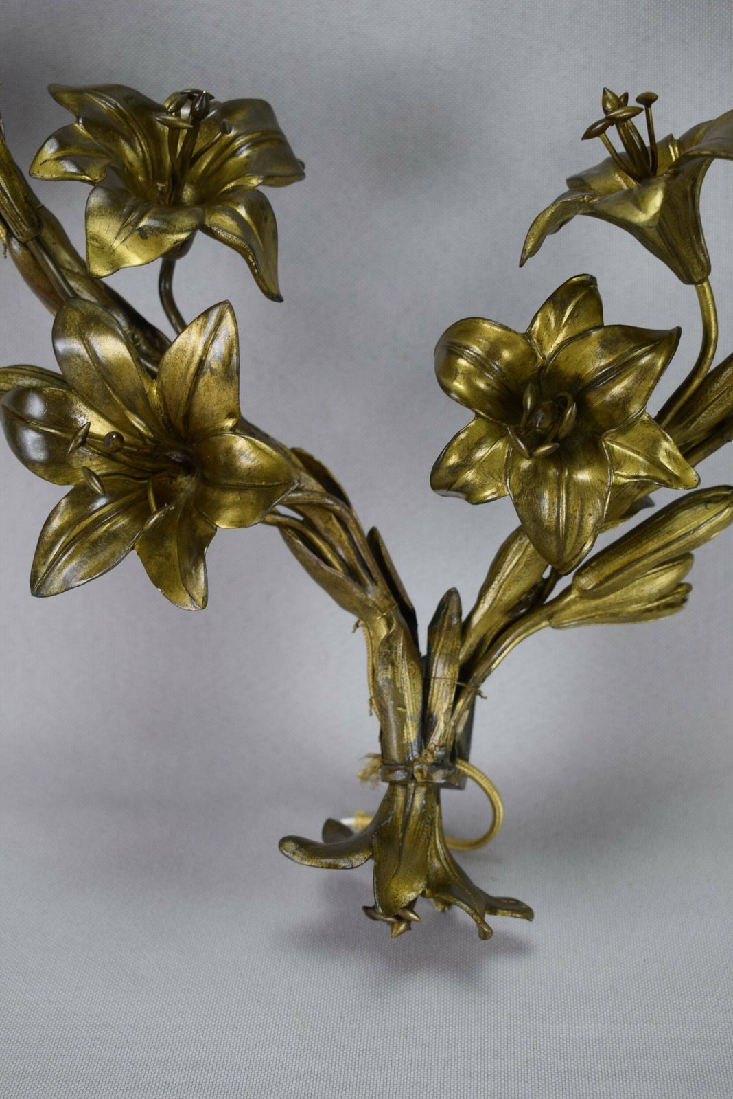 Rare Large Bronze Wall Sconce, French Antique Bronze Flower Sconce, Shabby French Wall Lamp, Two Lights Wall Sconce photo 426.0