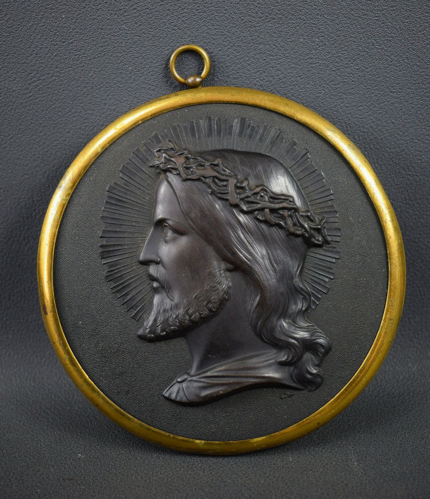 French Antique Pair Of Religious Medallions Hardened Wood 19th photo for sale