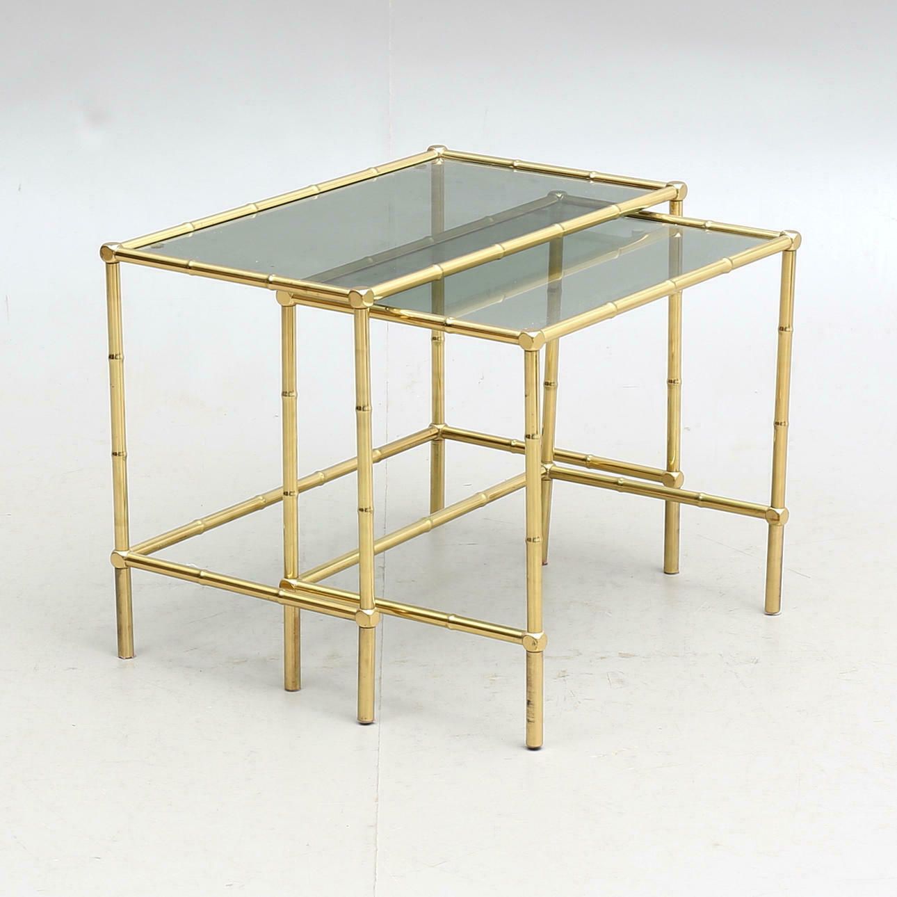Pair Of Nesting Tables. Brass And Glass, Second Half Of The 20th Century. Italian photo for sale