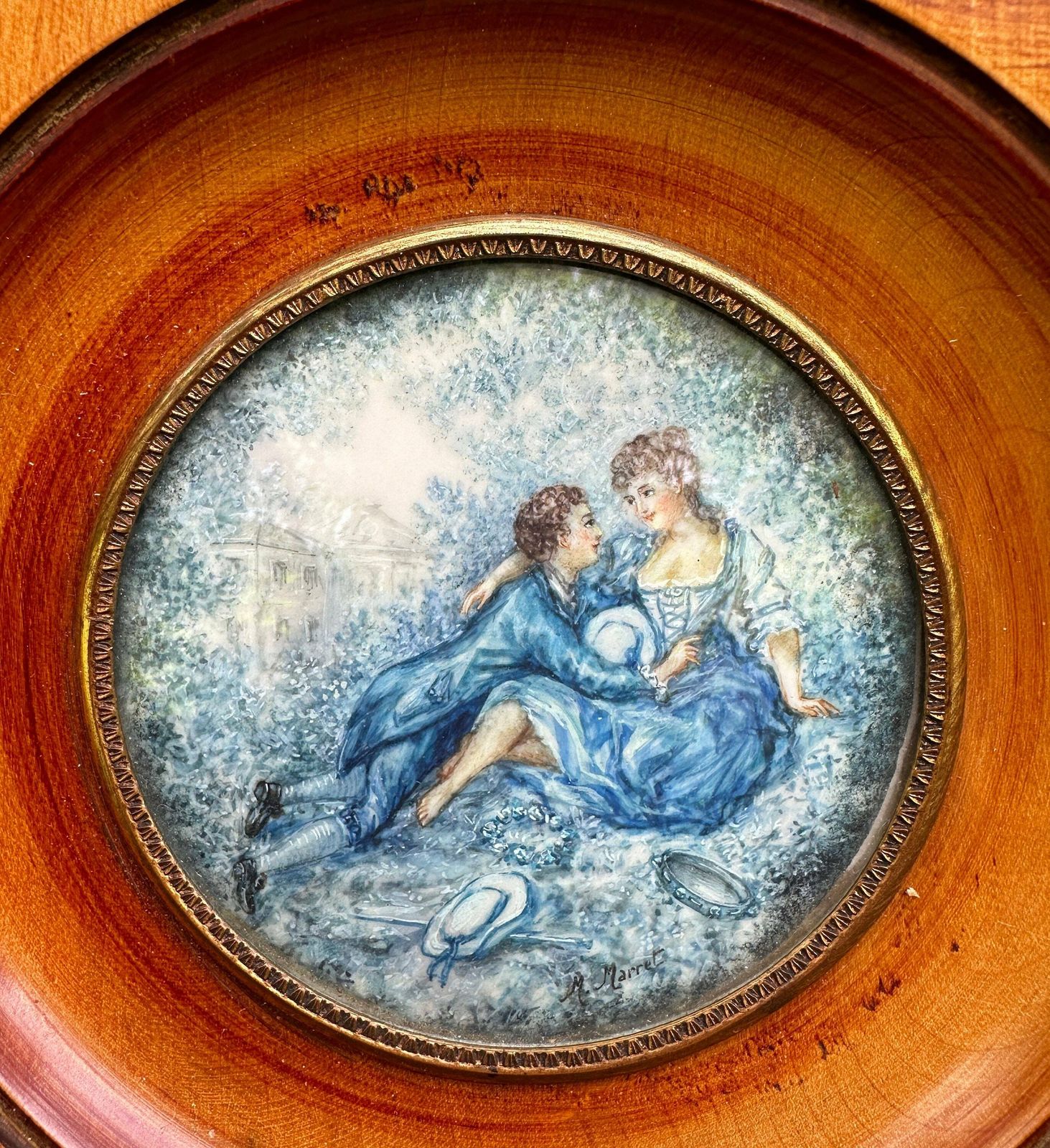 French Antique Miniature Painting Of A Romantic Scene Framed By M Marret