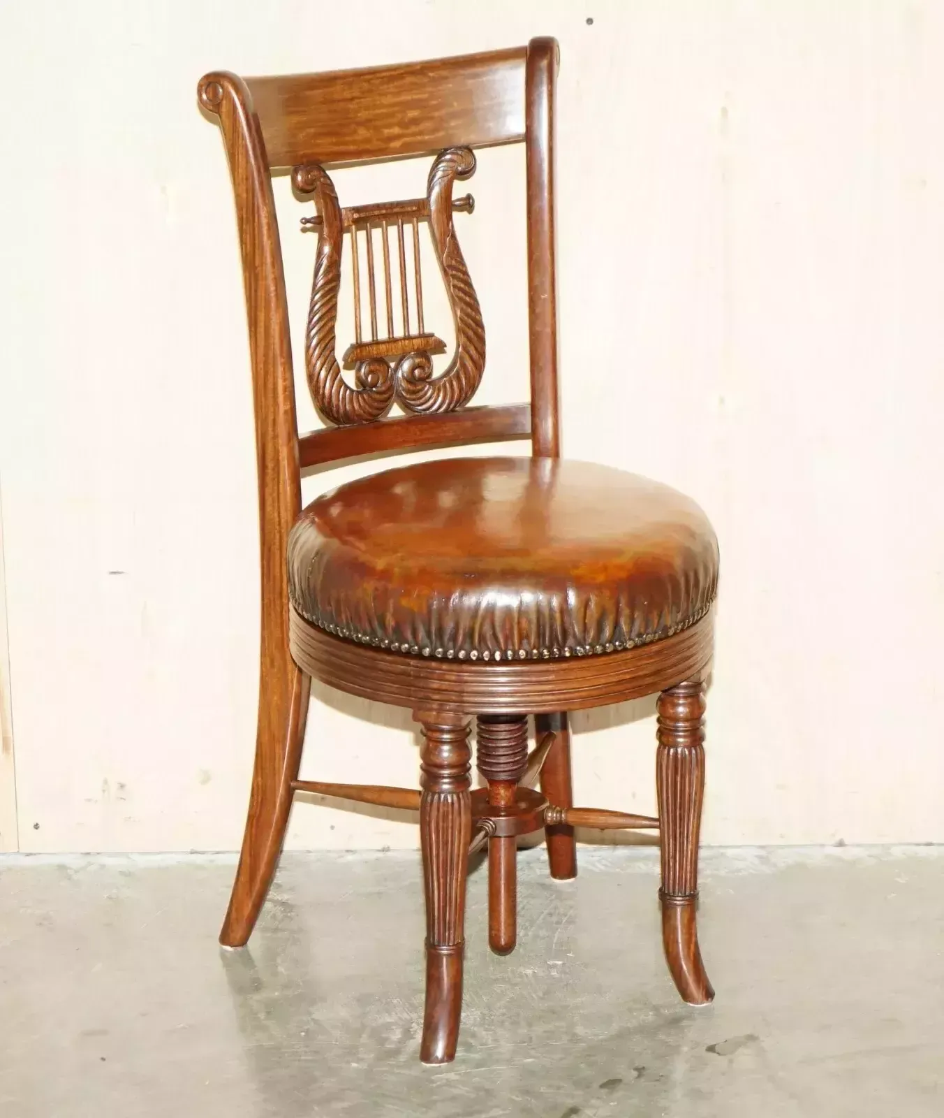 Exquisite Solid Mahogany Brown Leather Antique Musicians Chair Height Adjustable photo furniture