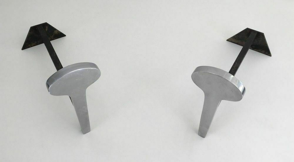 Pair Of Modernist Andirons In Chromed Steel And Wrought Iron photo Lighting