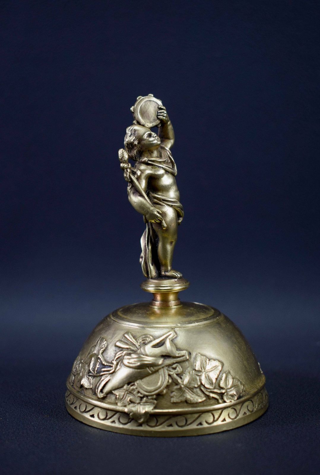 Vintage French Bronze Table Bell Cherubin Musician 19th photo vintage