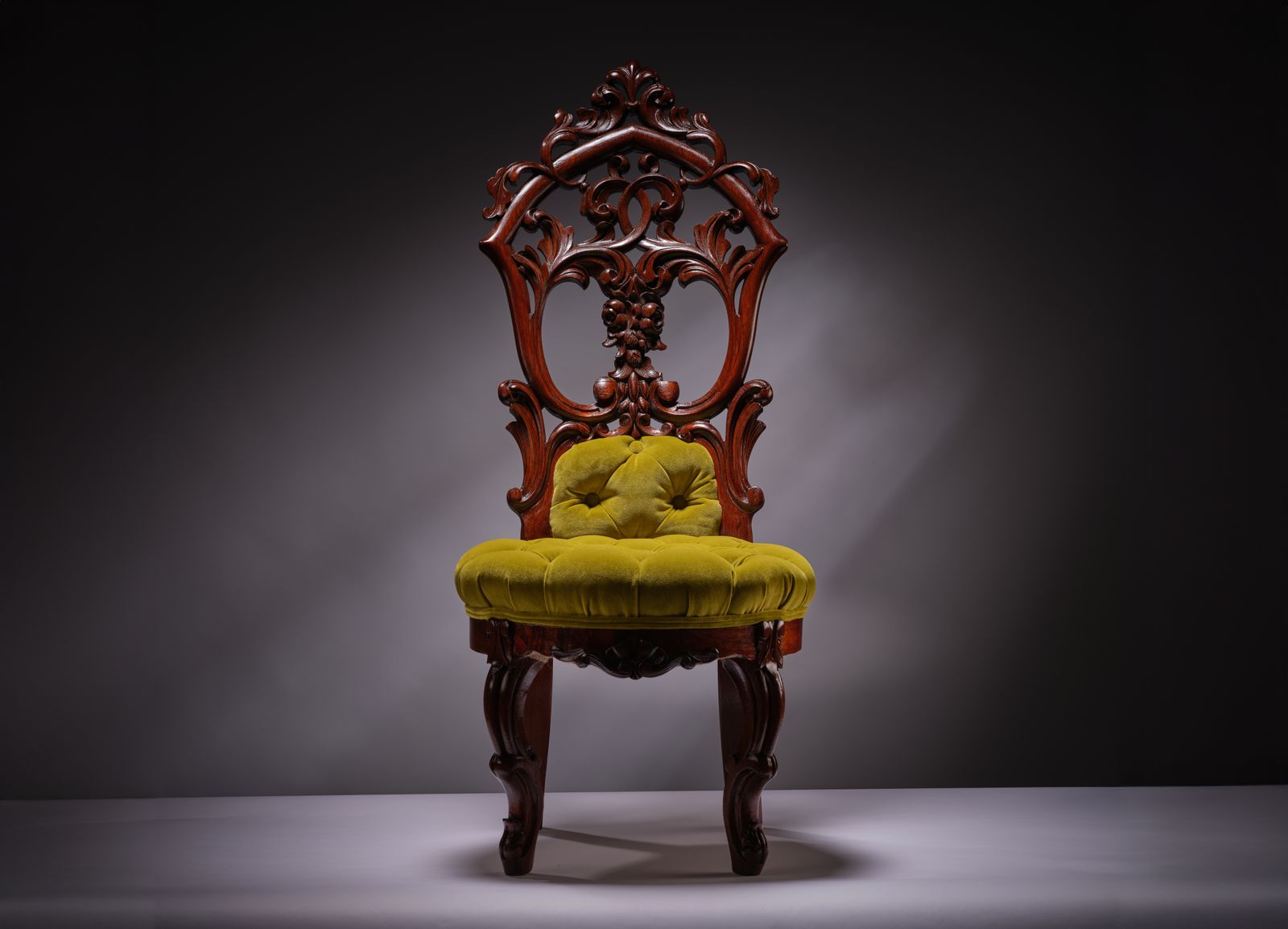 Stunning Ornately Hand Carved Walnut & Mahogany’pistachio Velvet Upholstered Ladies ‘Knicker’ Chair, England Circa 1900’s photo furniture