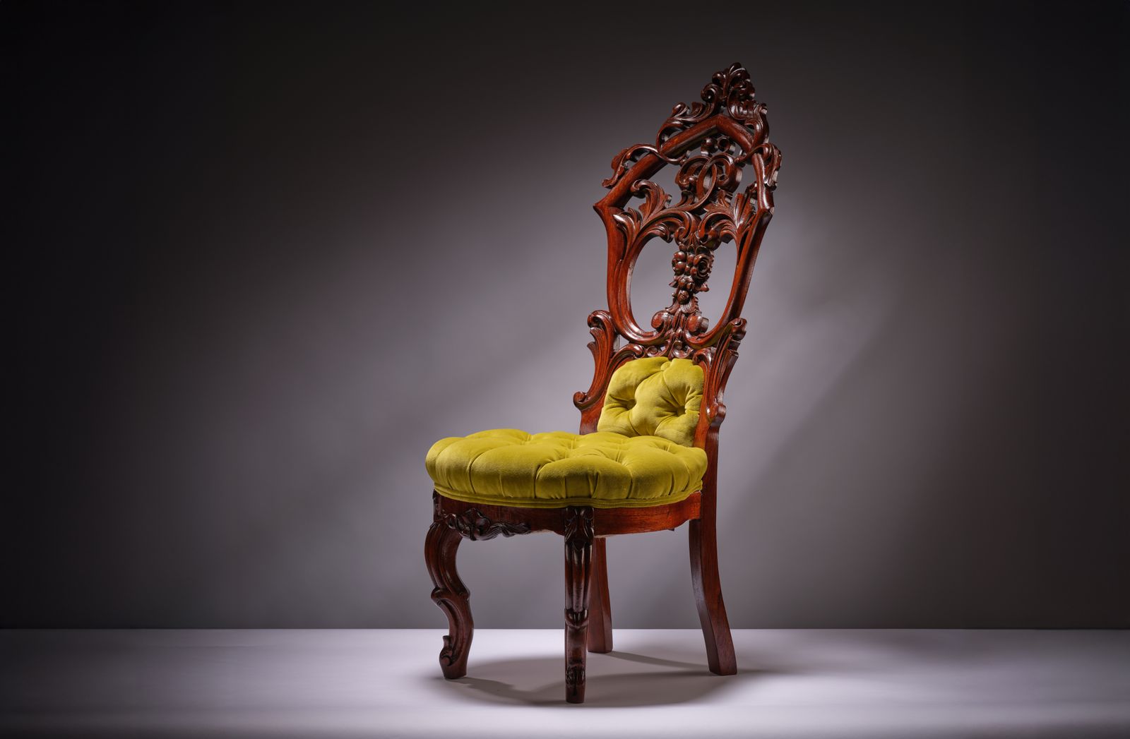 Stunning Ornately Hand Carved Walnut & Mahogany’pistachio Velvet Upholstered Ladies ‘Knicker’ Chair, England Circa 1900’s photo vintage