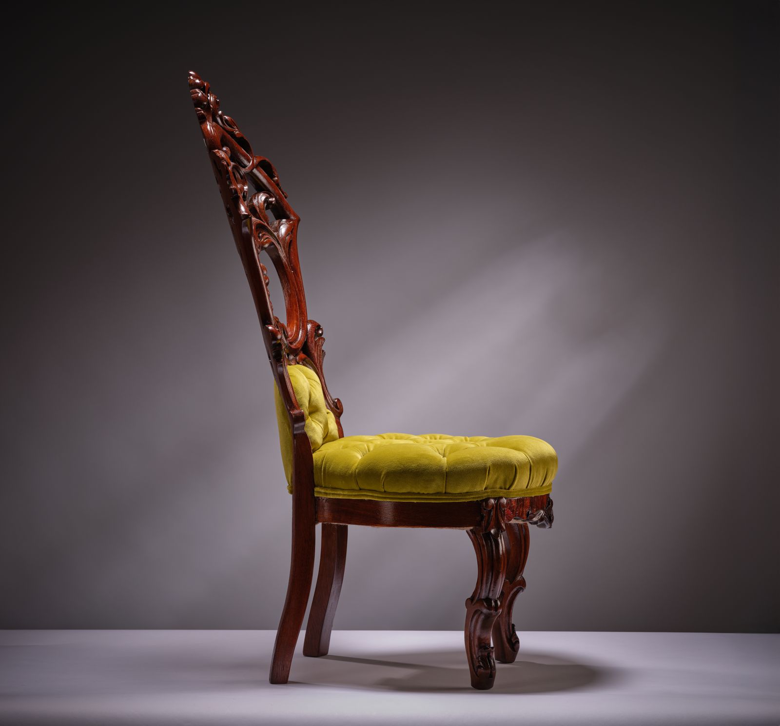 2495.0 Stunning Ornately Hand Carved Walnut & Mahogany’pistachio Velvet Upholstered Ladies ‘Knicker’ Chair, England Circa 1900’s photo