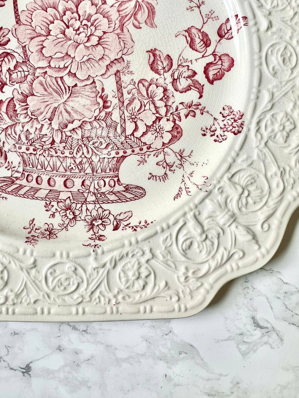 Crown Devon Fieldings Plates Red Transferware Flowers Embossed Creamware Rare Dining Set Victorian Style Square Pink Transfer Naturalist photo vintage