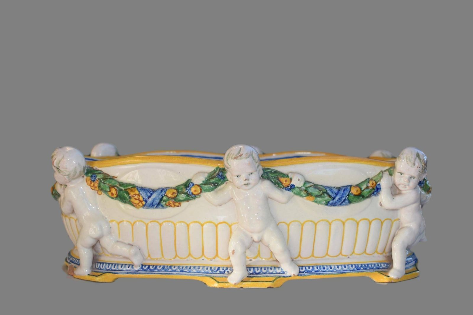 Antique Italian Majolica White Yellow Putto Jardiniere Della Robia Style