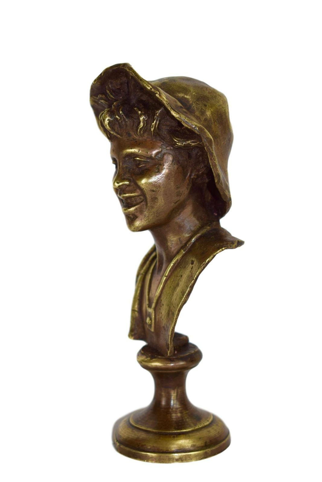Antique French Bronze Sculpture Young Man Hat Bust Statue photo vinterior
