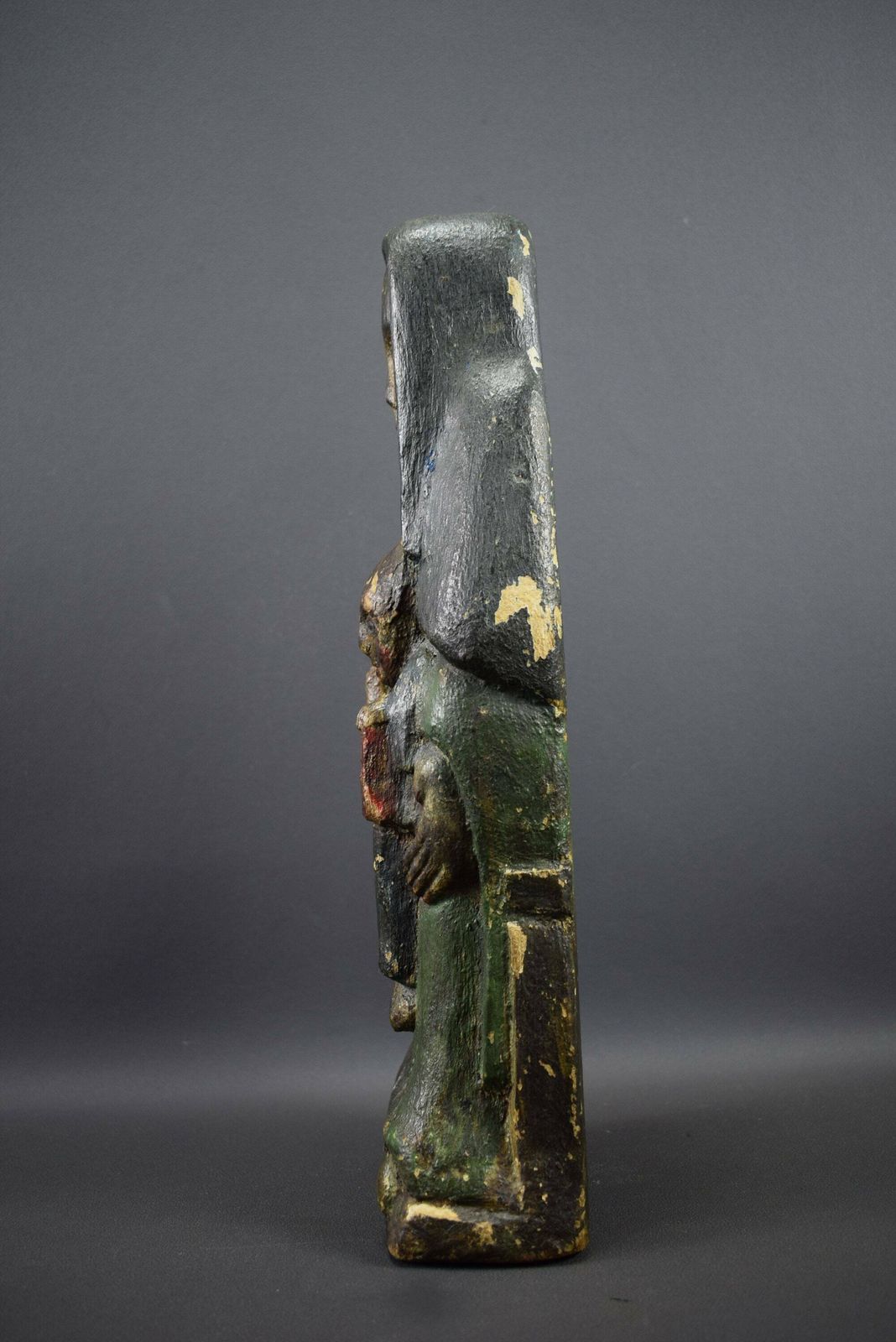 French Antique Religious Virgin Mary Jesus Child Wood Carved Statue Polychromatic 16th photo vinterior
