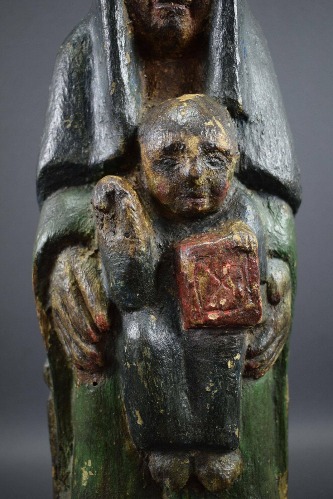 French Antique Religious Virgin Mary Jesus Child Wood Carved Statue Polychromatic 16th photo vintage