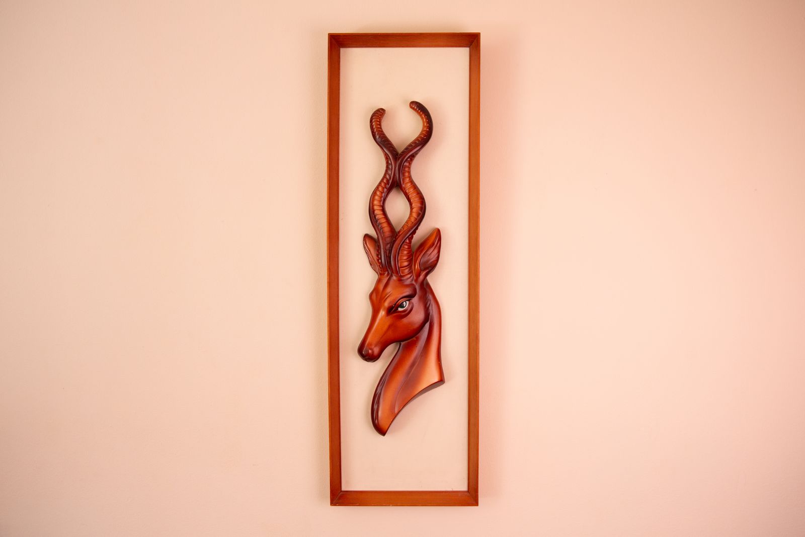 1960s Painted Ceramic Antelope Wall Decor On Textured Board In Teak Frame photo furniture