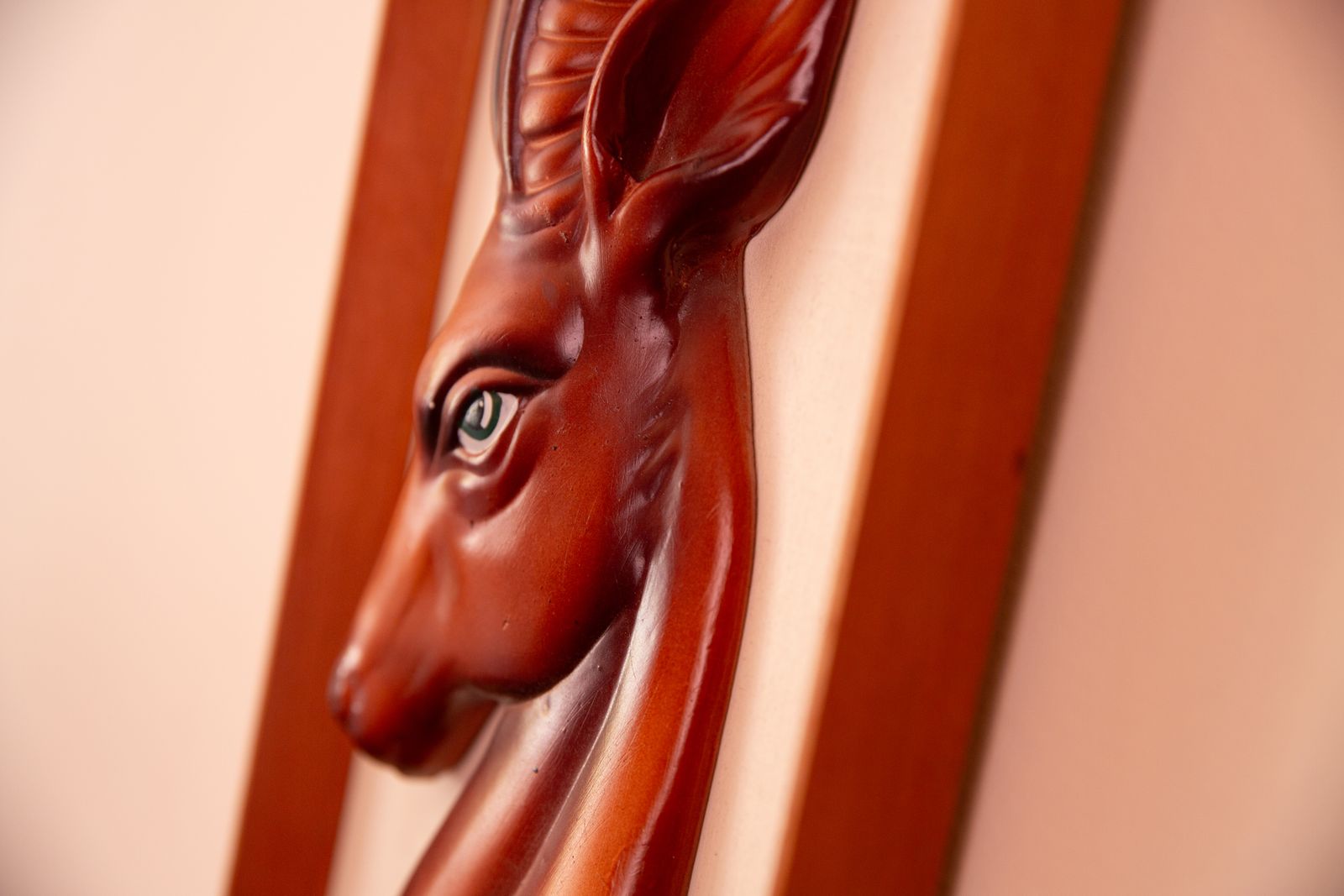 1960s Painted Ceramic Antelope Wall Decor On Textured Board In Teak Frame photo vinterior