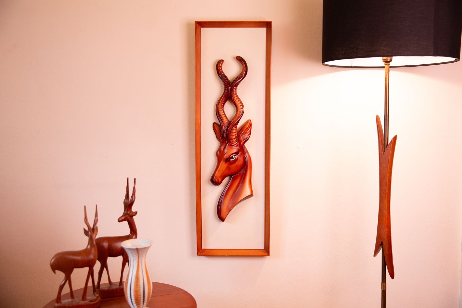 1960s Painted Ceramic Antelope Wall Decor On Textured Board In Teak Frame