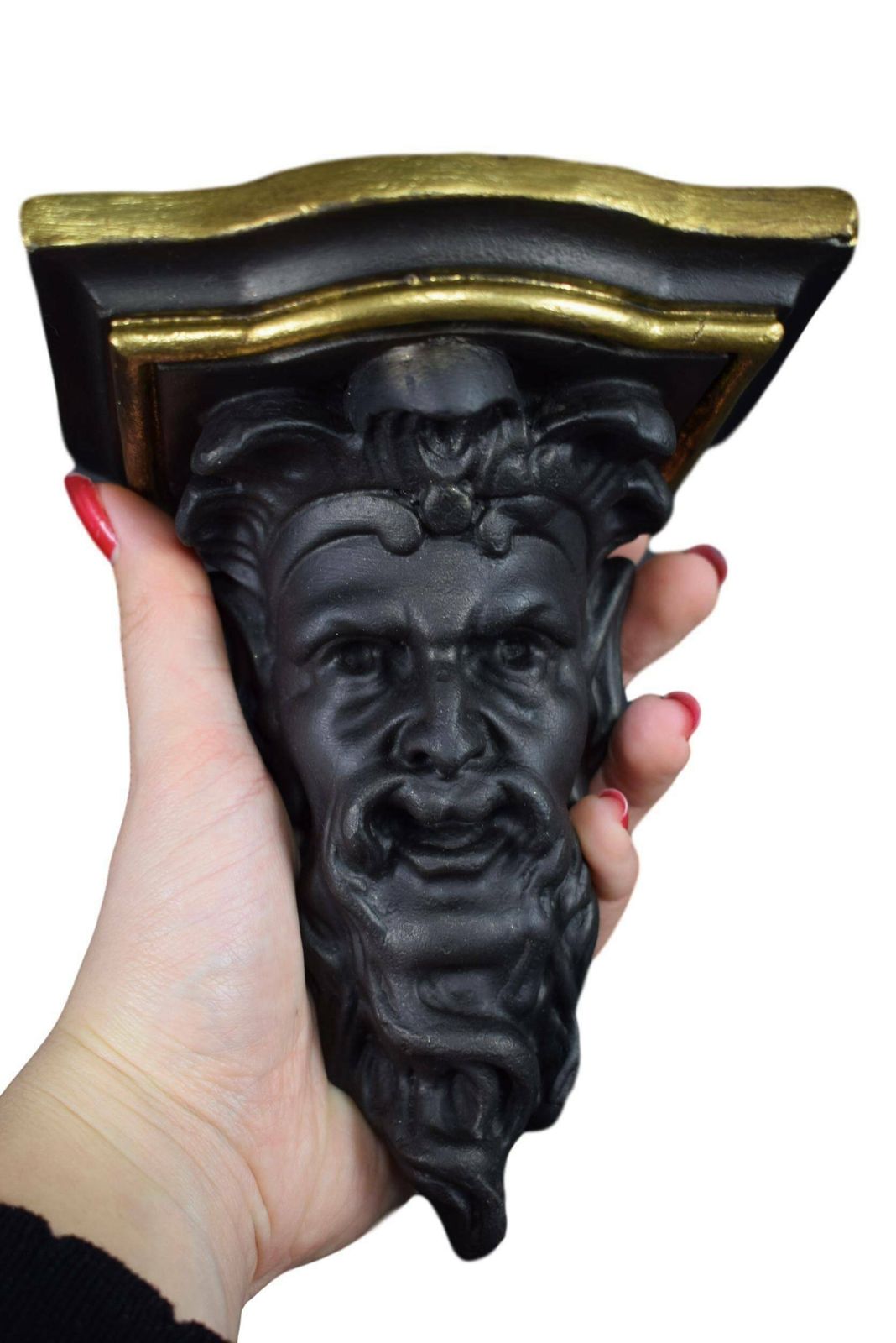 Pair Of French Antique Wall Console Statue Brackets Shelf Black Gold Man Face photo for sale