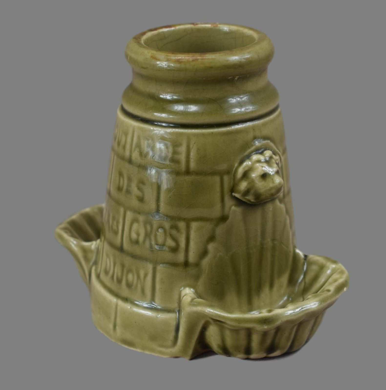 Freres Gros Mustard Of Dijon Pot, Fine Mustard Jar, Fountain Of Youth Mustard Pot With Lions, Country Rustic Decor, Advertising Mustard Pot photo for sale