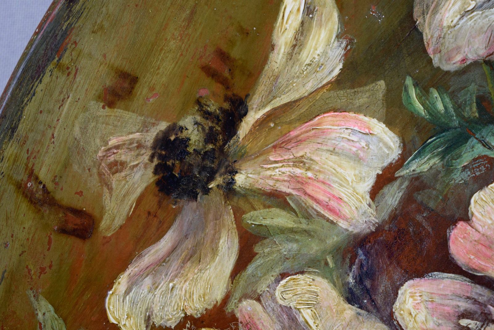 French Antique Impressionist Flower Still Life Painting Terracotta Wall Plate Signed Sape photo vinterior