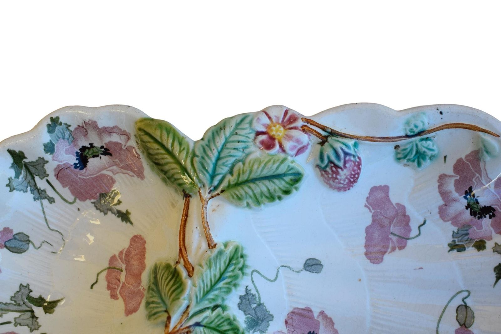 Salins Majolica Strawberry Server   French Antique Poppy Flowers Platter   French Country Home   Summer Dish photo for sale