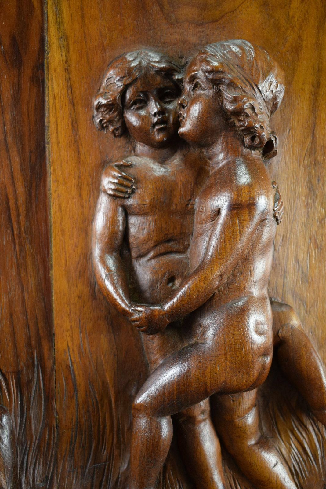 Antique Architectural Pair Of French Cherub Hand Carved Wood Panels 19th photo vintage