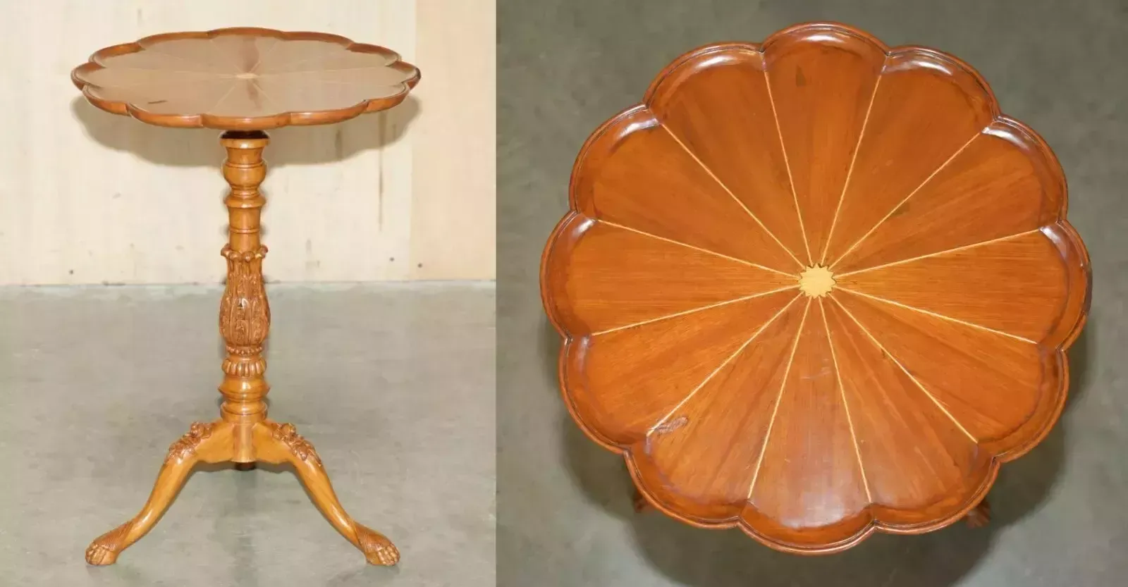 A Must See Vintage Ornately Hand Carved Tripod Side Table In Satinwood & Walnut