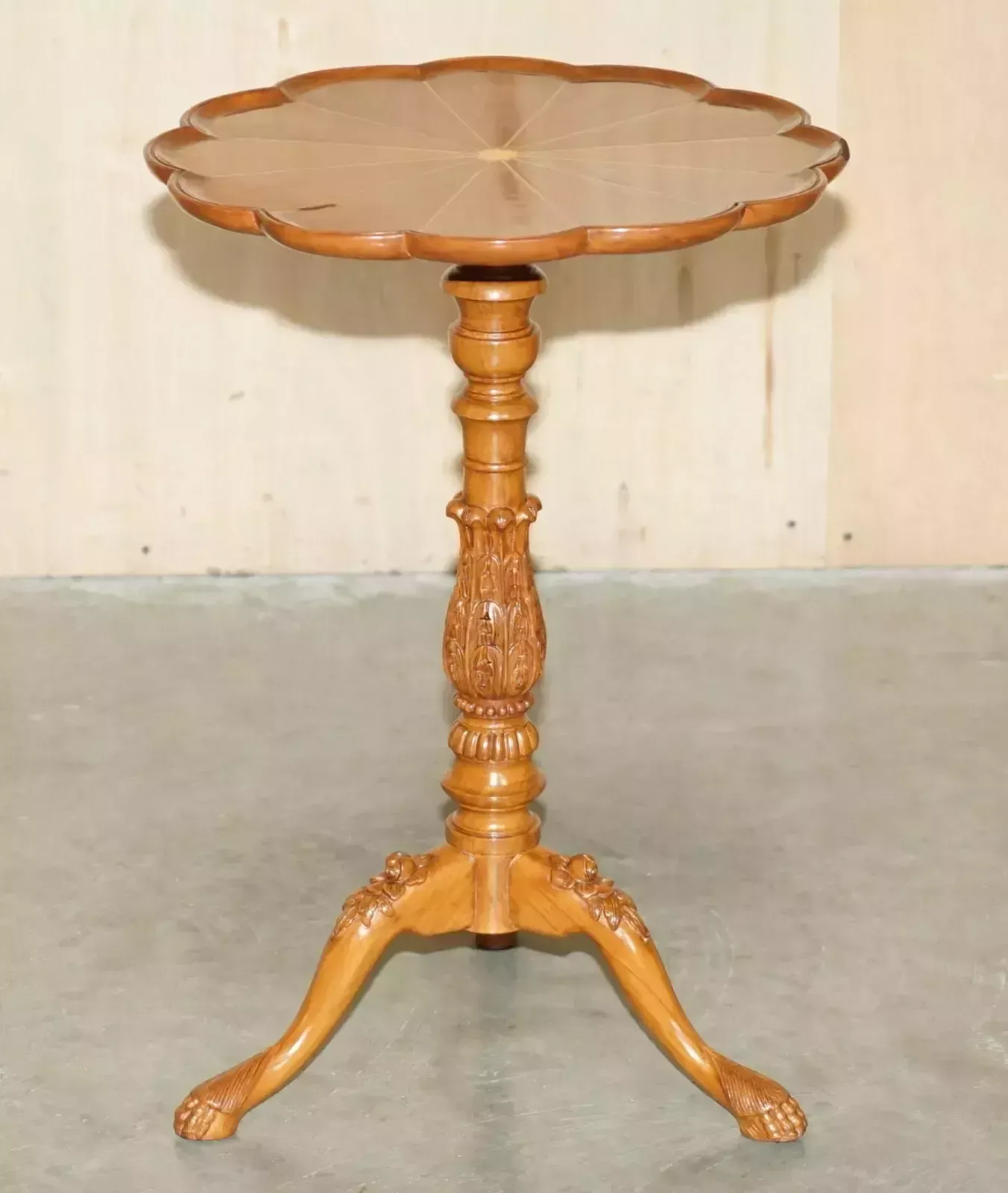 A Must See Vintage Ornately Hand Carved Tripod Side Table In Satinwood & Walnut photo furniture