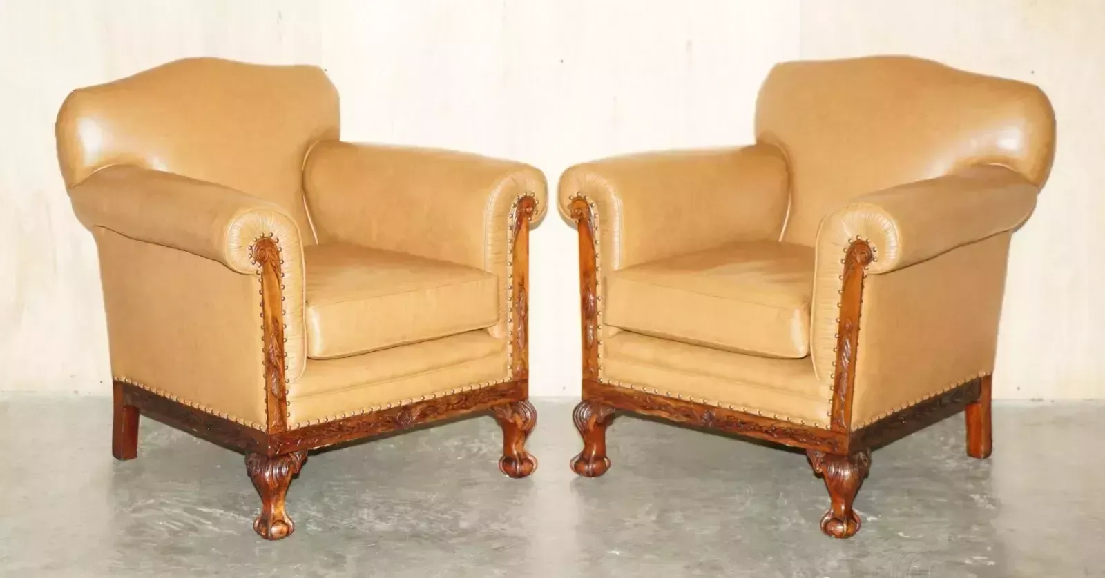 Fine Pair Of Restored Victorian Claw & Ball Feet Cognac Brown Leather Armchairs