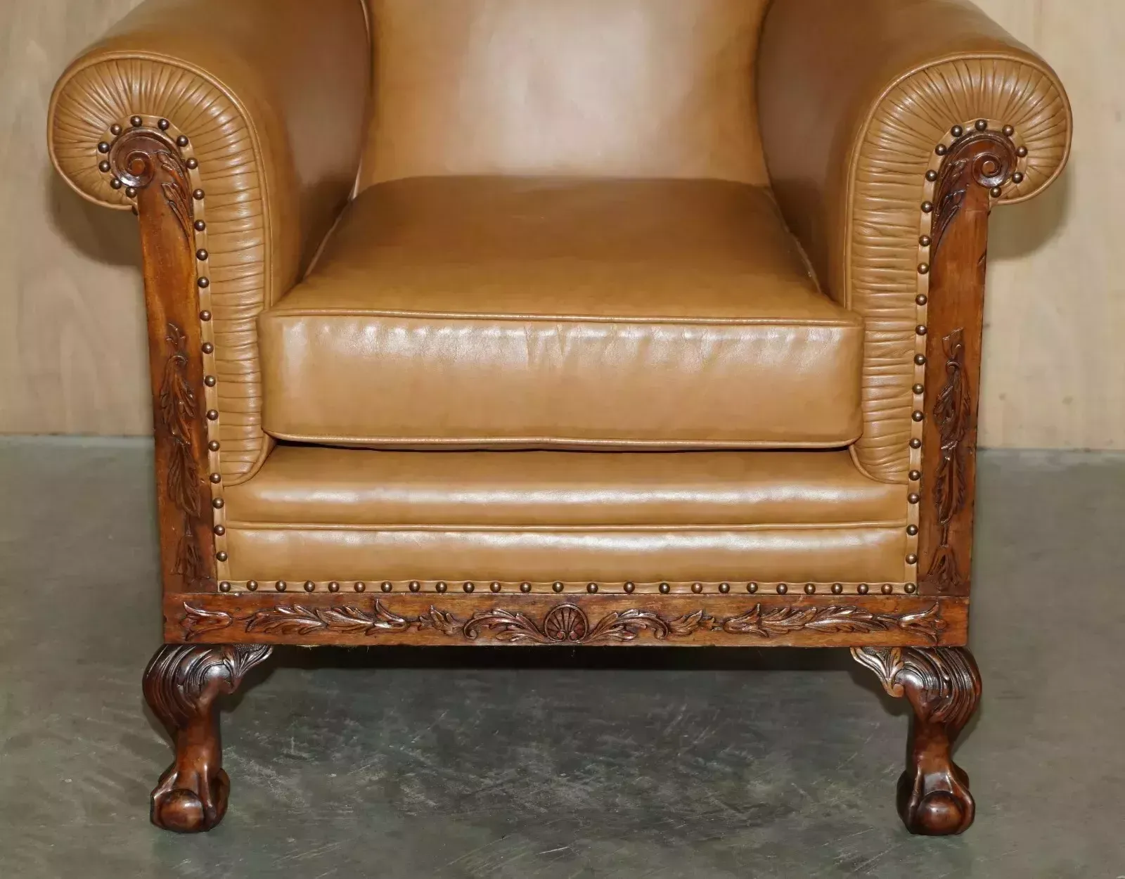 Fine Pair Of Restored Victorian Claw & Ball Feet Cognac Brown Leather Armchairs photo Furniture