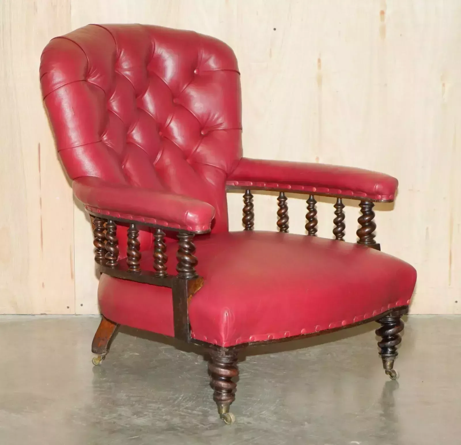 Antique William IV 1830 Chesterfield Tufted Barley Twist Frame Leather Armchair