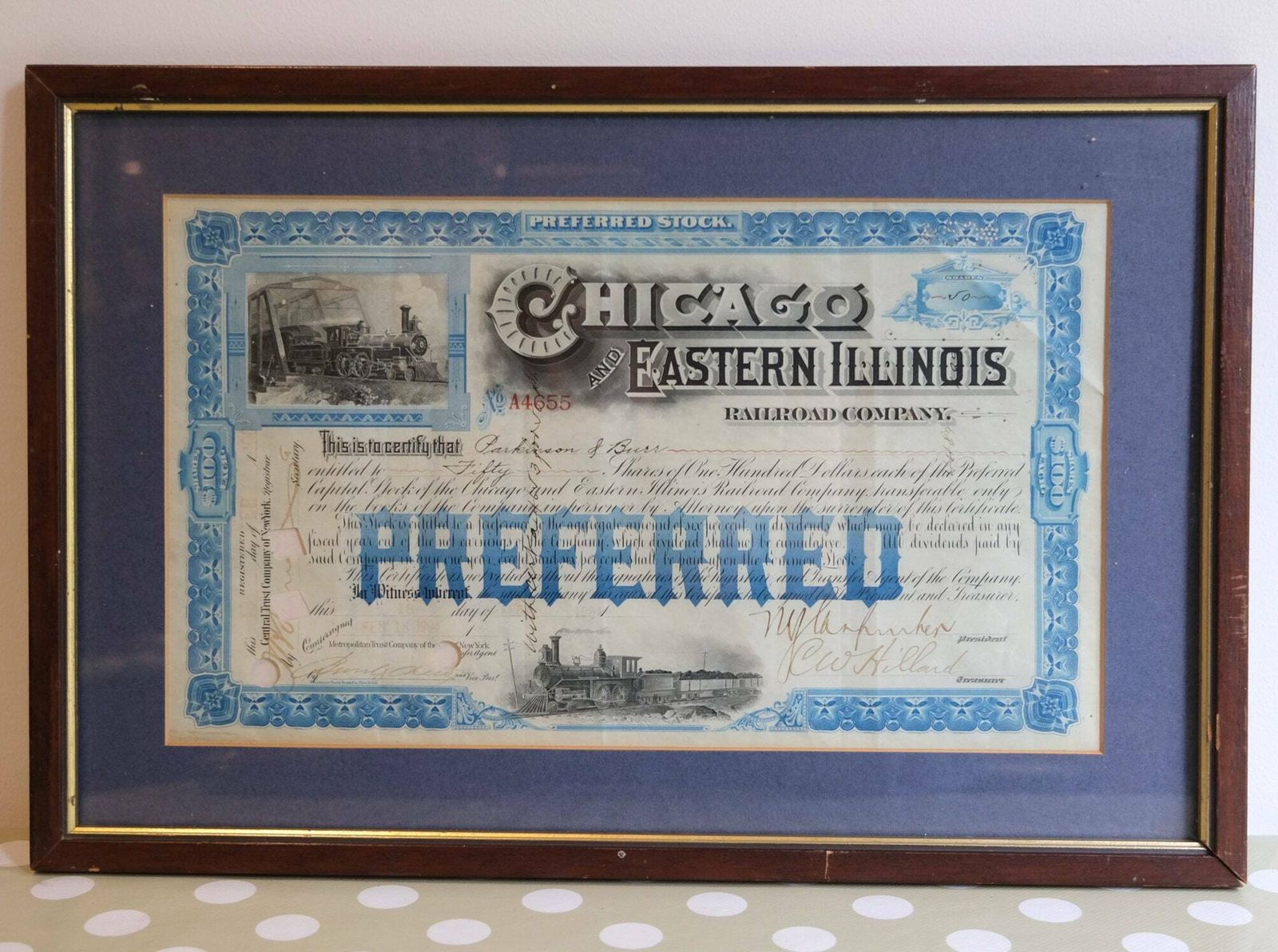 Antique Railroad Stock Certificates 1904 | Chicago Eastern Illinois Railway | Framed  Scripophily | Steam Train Wall Art | photo furniture