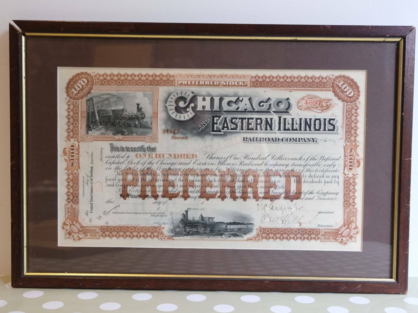 Antique Railroad Stock Certificates 1904 | Chicago Eastern Illinois Railway | Framed  Scripophily | Steam Train Wall Art | photo vinterior