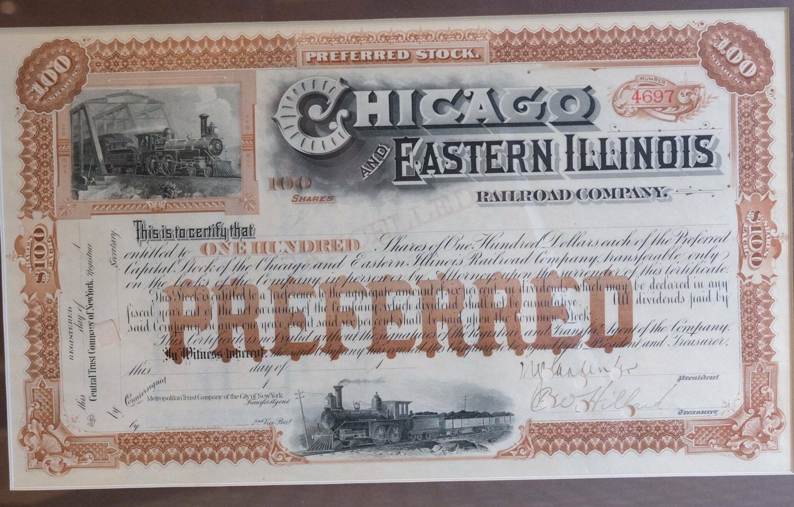 Antique Railroad Stock Certificates 1904 | Chicago Eastern Illinois Railway | Framed  Scripophily | Steam Train Wall Art | photo vintage
